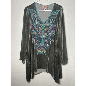 Johnny Was Aurelia Butterfly Embroidered Velvet V-Neck Tunic Top Small READ